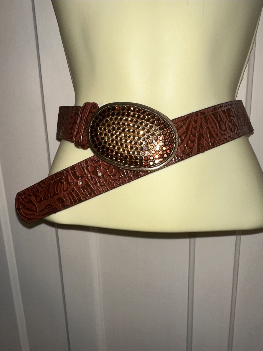 Vintage Elite Accessories Brown Embossed Leather Belt - Rhinestone Oval Buckle